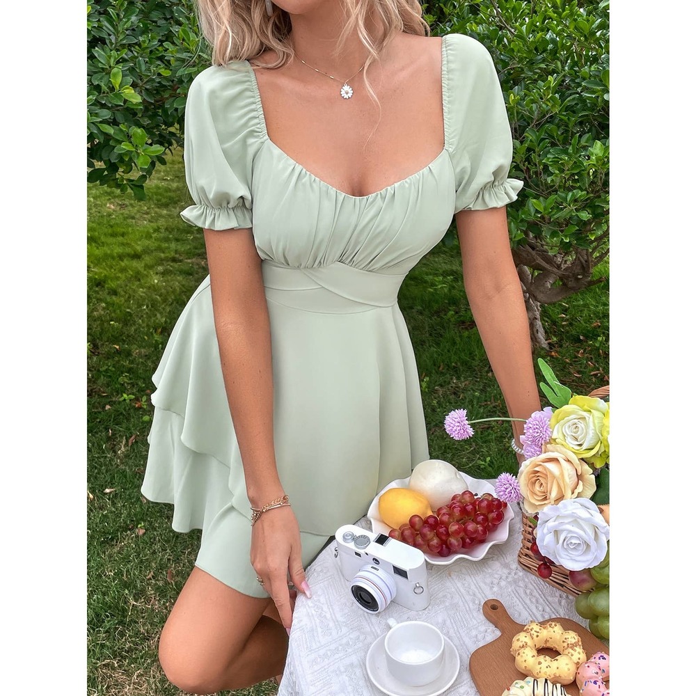 Sweetheart Neck Short Puff Sleeve Layered Hem Mini Dress light blue - Picture 10 of 11